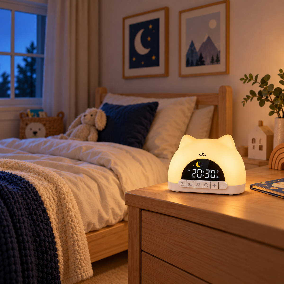 Réveil veilleuse Kitty diffusant une lumière chaude sur une table de chevet en bois, dans une chambre d’enfant aux tons crème et bleu nuit.