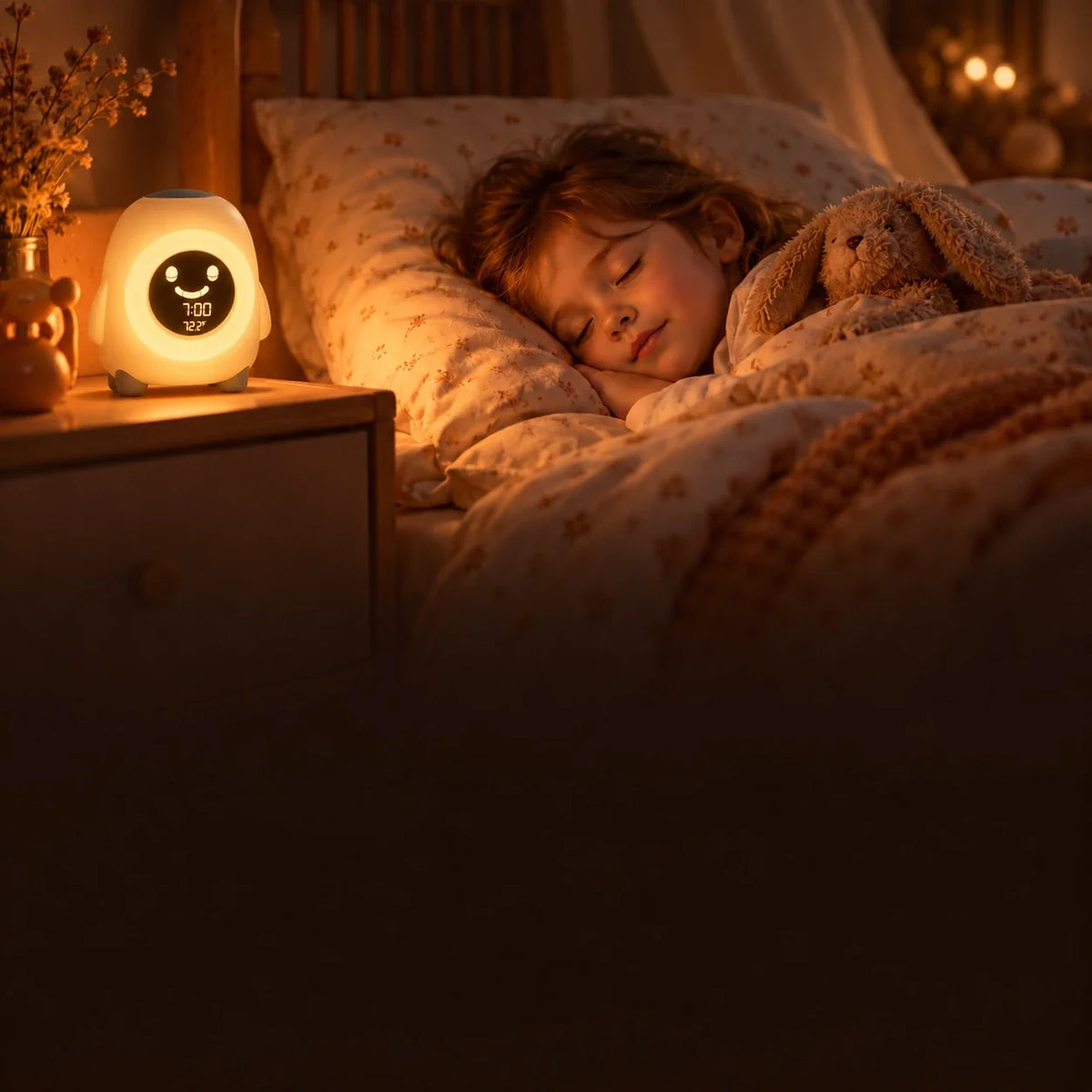 Veilleuse à visage souriant diffusant une lumière chaude près d’un enfant endormi avec sa veilleuse Pinguin.