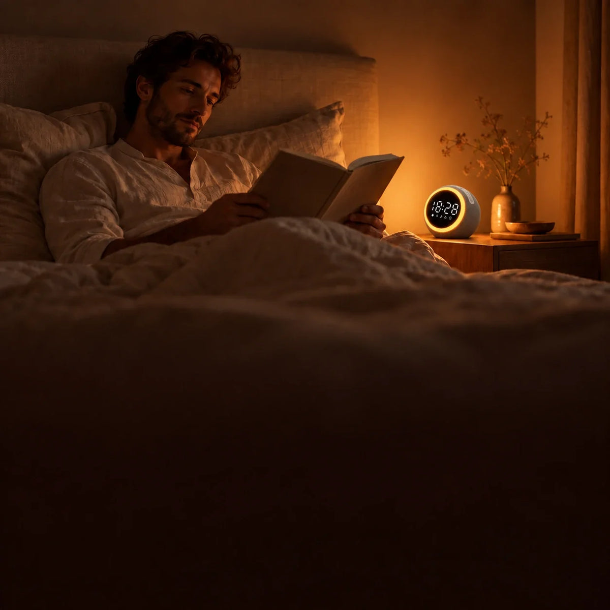 Réveil lumineux avec halo ambré sur une table de chevet, près d’un homme lisant dans son lit.