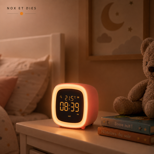 Réveil veilleuse Adapto Nox et Dies posé sur une table de chevet, lumière orange chaude allumée le soir dans une chambre d'enfant