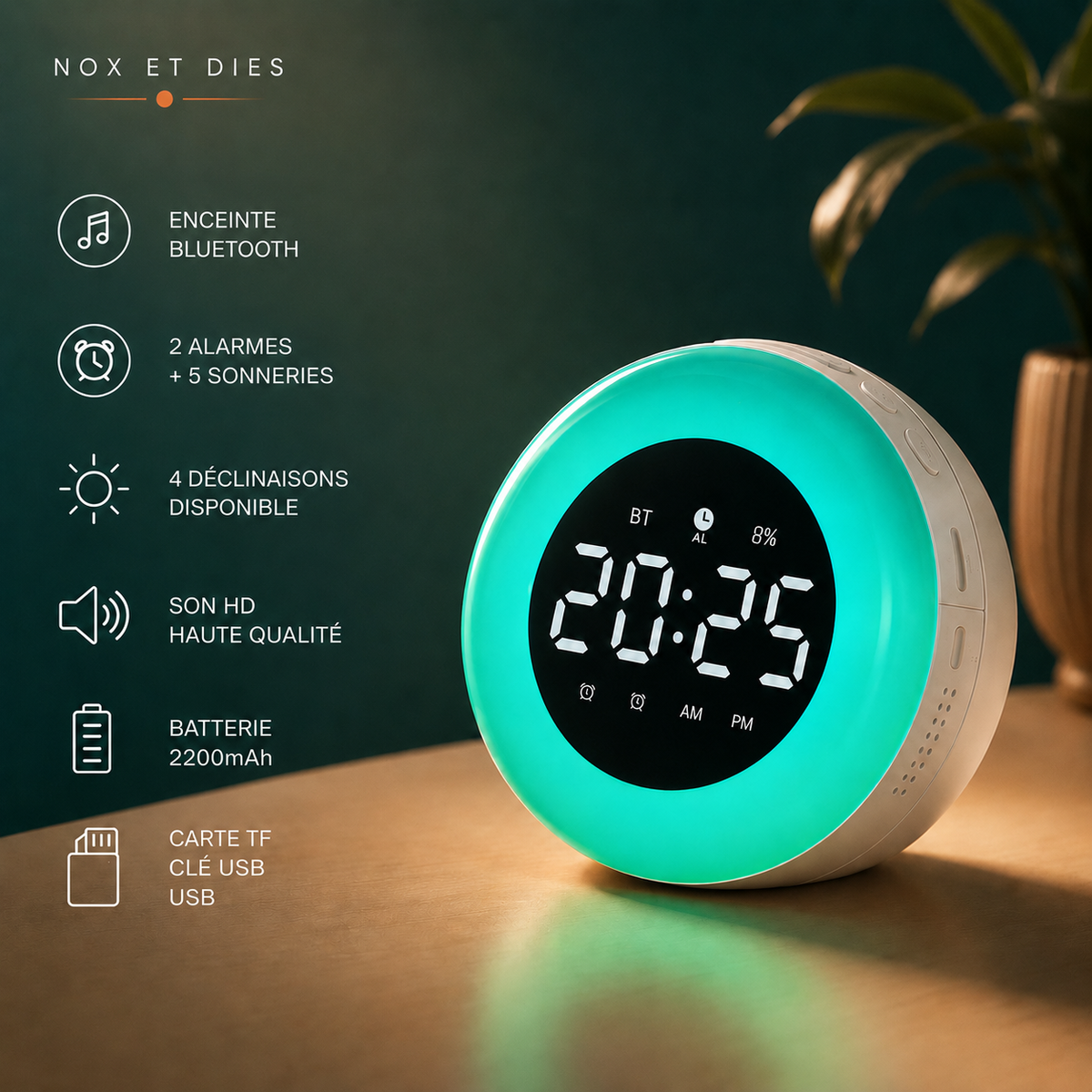 Réveil Anneau au halo turquoise avec liste des caractéristiques : Bluetooth, batterie, alarmes, carte TF