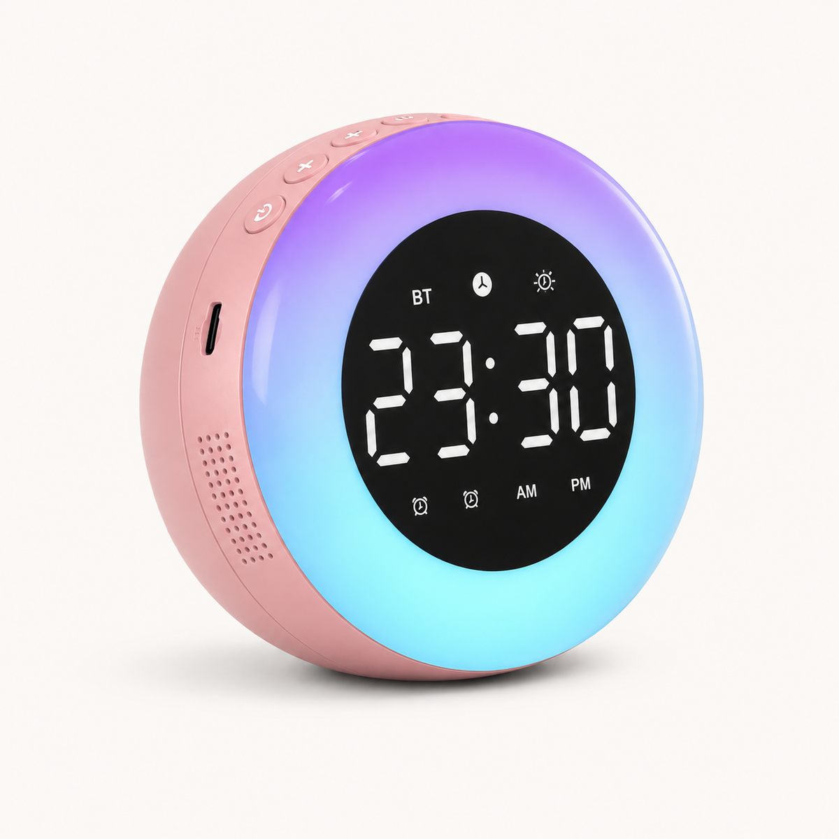 Réveil enceinte Anneau rose avec halo lumineux dégradé violet et bleu