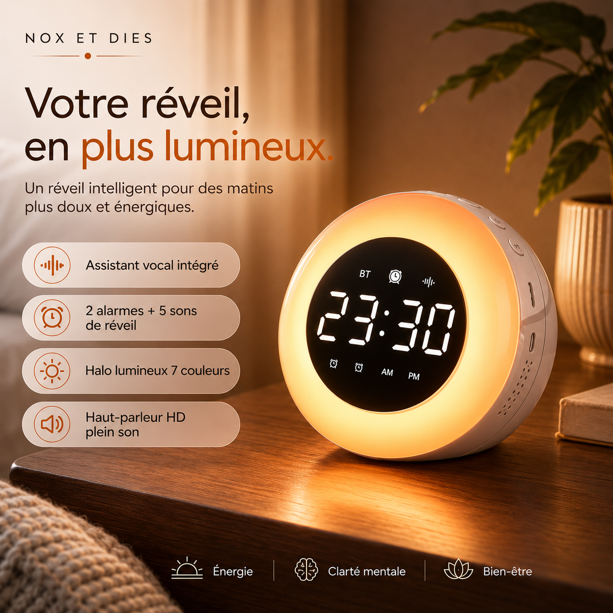 Réveil Anneau blanc au halo orange chaud avec liste des fonctionnalités sur fond chambre