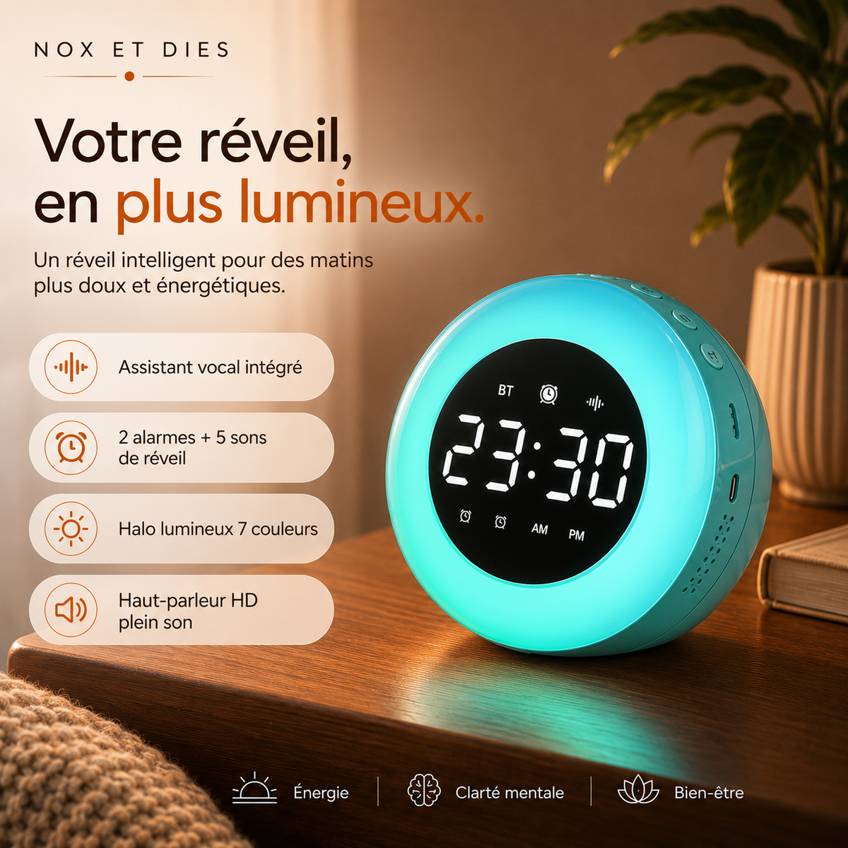 Réveil Anneau bleu turquoise au halo lumineux assorti avec liste des fonctionnalités sur fond chambre