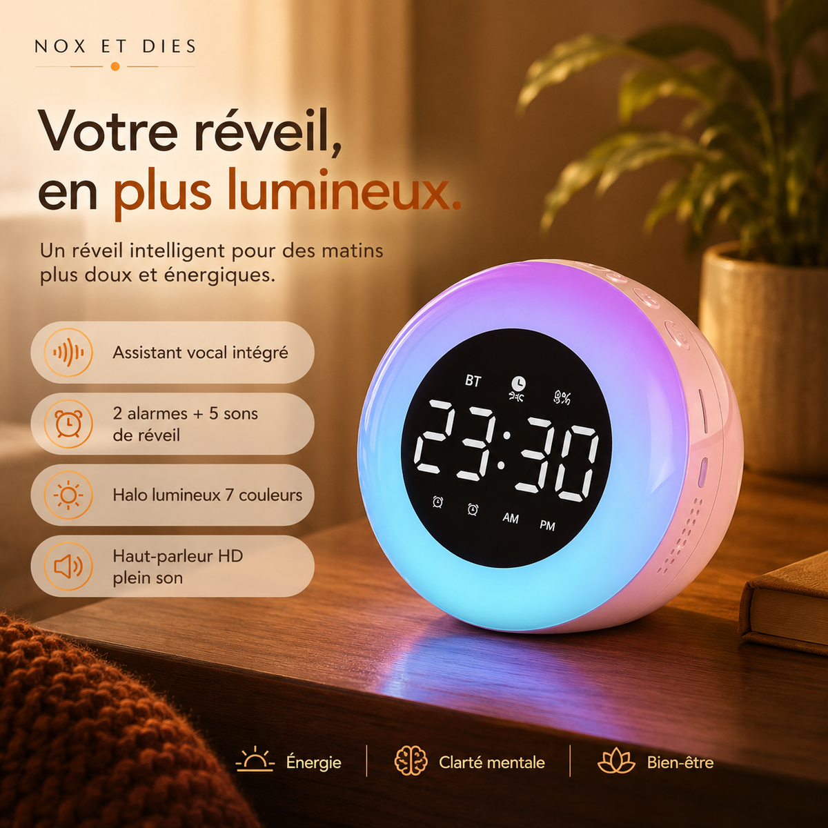 Réveil Anneau rose au halo violet et bleu avec liste des fonctionnalités sur fond chambre
