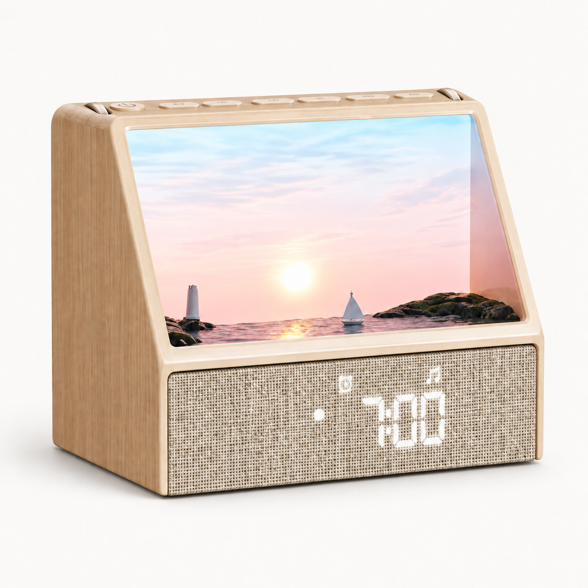 Lampe simulateur d'aube Aube Marine de Nox et Dies en finition bois clair, scène de lever de soleil avec phare et voilier, écran affichant l'heure du matin.
