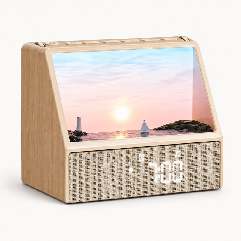 Lampe simulateur d'aube Aube Marine de Nox et Dies en finition bois clair, scène de lever de soleil avec phare et voilier, écran affichant l'heure du matin.