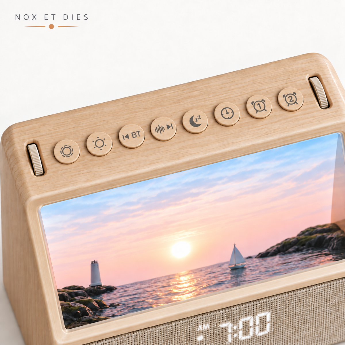 Gros plan sur les boutons de commande de la lampe simulateur d'aube Aube Marine de Nox et Dies, avec la scène de lever de soleil en arrière-plan.