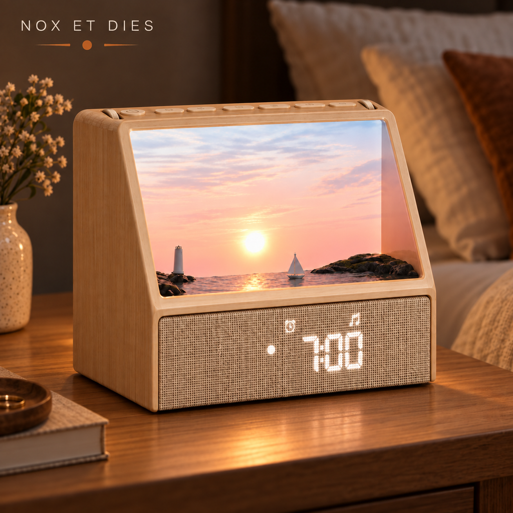 Lampe simulateur d'aube Aube Marine de Nox et Dies posée sur une table de chevet le soir, scène lumineuse d'un coucher de soleil, écran affichant 22h30.