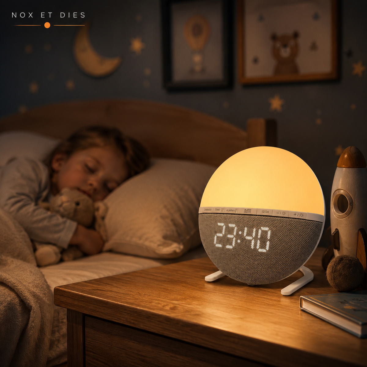Réveil Aube sur Pied Nox et Dies posé sur une table de chevet, lumière chaude allumée le soir dans une chambre d'enfant endormi