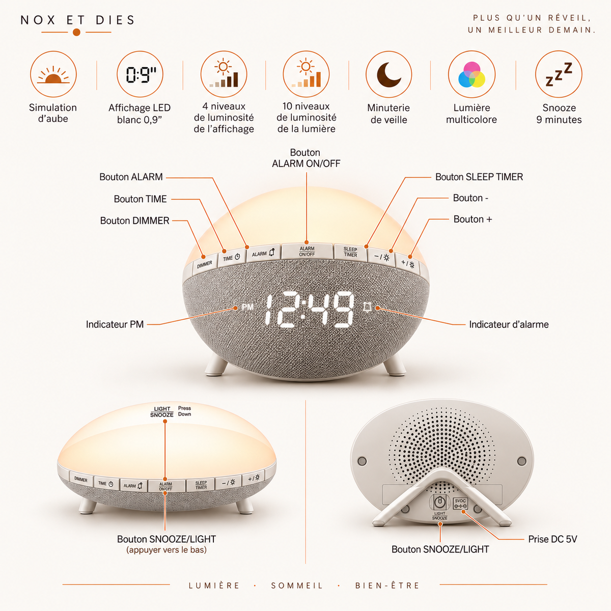 Infographie du réveil Aube sur Pied Nox et Dies détaillant les fonctions et boutons : simulation d'aube, luminosité, minuterie de veille, lumière multicolore et snooze