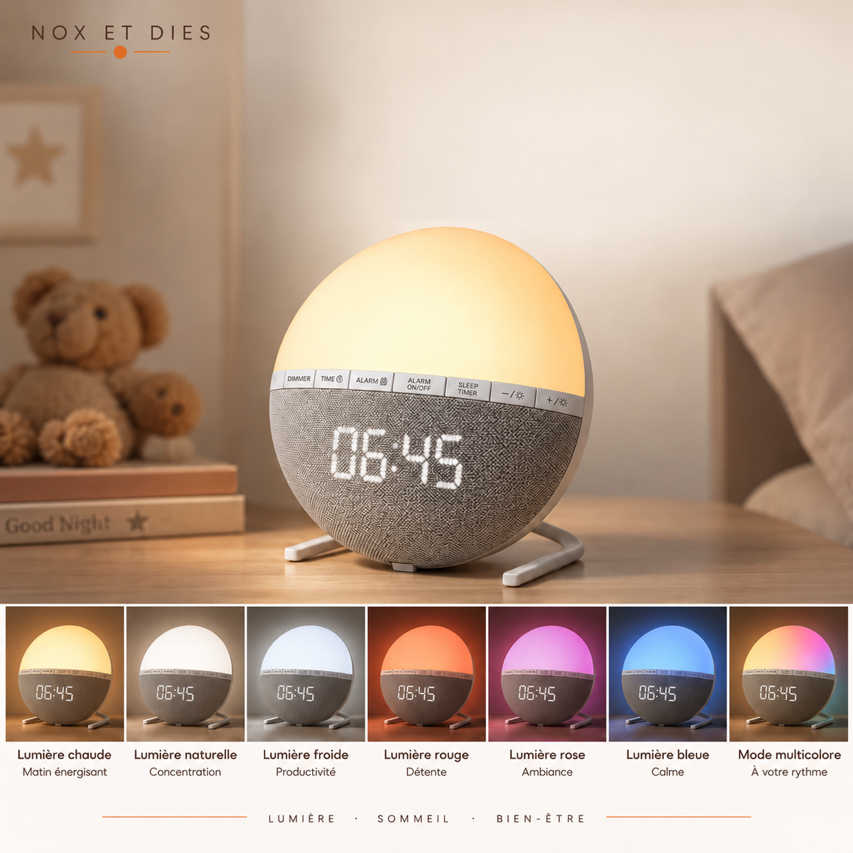 Réveil Aube sur Pied Nox et Dies sur une table de chevet et ses sept ambiances lumineuses : chaude, naturelle, froide, rouge, rose, bleue et multicolore