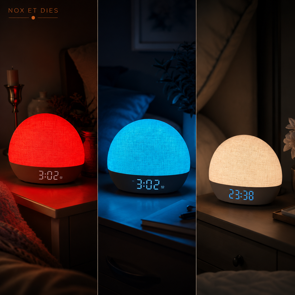 Réveil lumineux Biggy Nox et Dies posé sur une table de chevet en trois ambiances colorées : rouge, bleu et blanc chaud