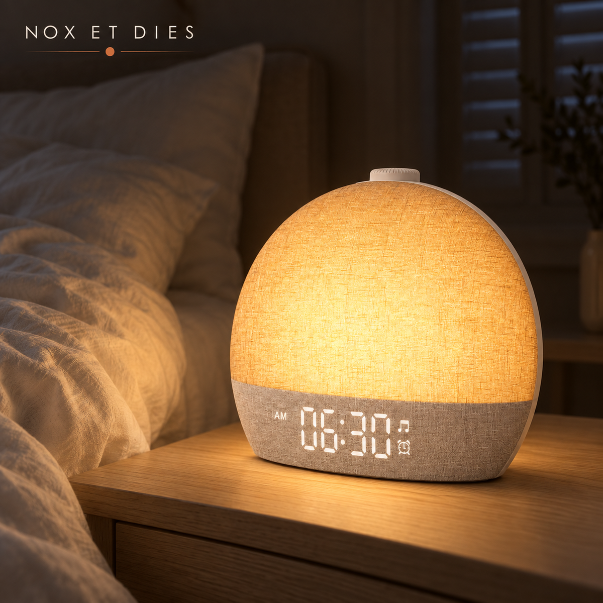 Réveil simulateur d’aube Biggy en lin diffusant une lumière orangée sur une table de chevet en bois clair, dans une chambre sombre avant l’aube.
