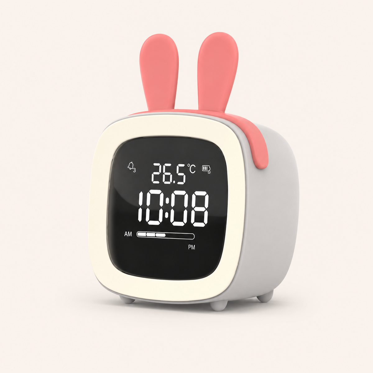 Réveil veilleuse Bunny Nox et Dies coloris blanc en forme de lapin, écran affichant l'heure, la température et le niveau de batterie