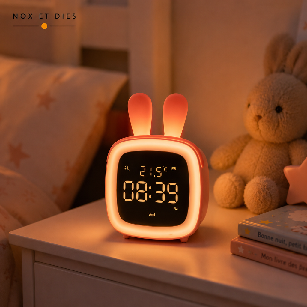 Réveil veilleuse Bunny Nox et Dies coloris corail posé sur une table de chevet, lumière chaude allumée le soir dans une chambre d'enfant