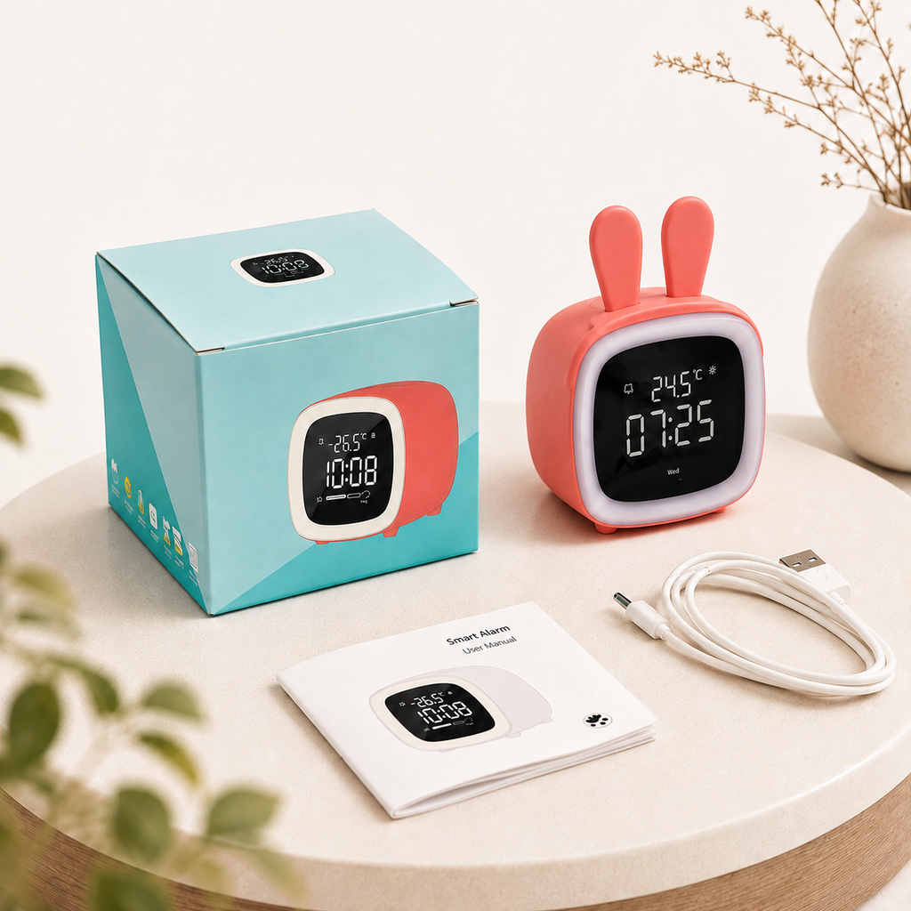 Contenu du coffret du réveil veilleuse Bunny Nox et Dies : boîte, réveil coloris corail, câble de charge et manuel d'utilisation