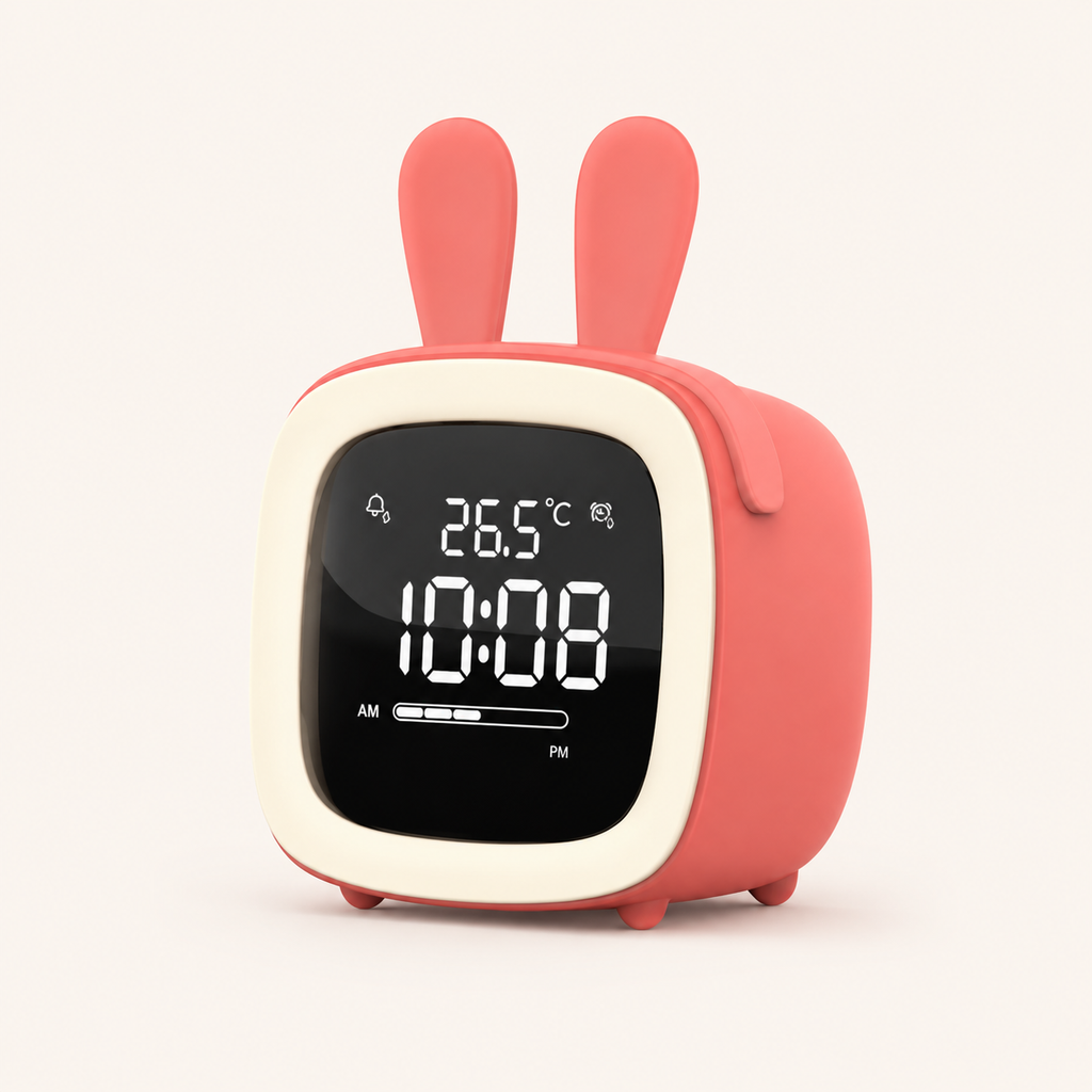 Réveil veilleuse Bunny Nox et Dies coloris corail en forme de lapin, écran affichant l'heure, la température et le nombre d'alarmes actives