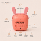 Infographie du réveil veilleuse Bunny Nox et Dies détaillant les boutons arrière : réglage de l'heure, réglage de l'alarme, augmentation et diminution, port de charge, haut-parleur, capteur de température et réinitialisation