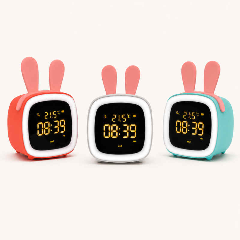 Les trois coloris du réveil veilleuse Bunny Nox et Dies côte à côte : corail, blanc et vert menthe