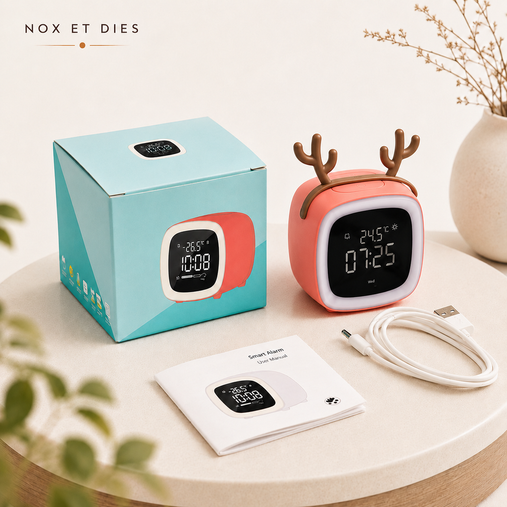 Contenu du coffret du réveil veilleuse Caribou Nox et Dies : boîte, réveil coloris corail, câble de charge et manuel d'utilisation