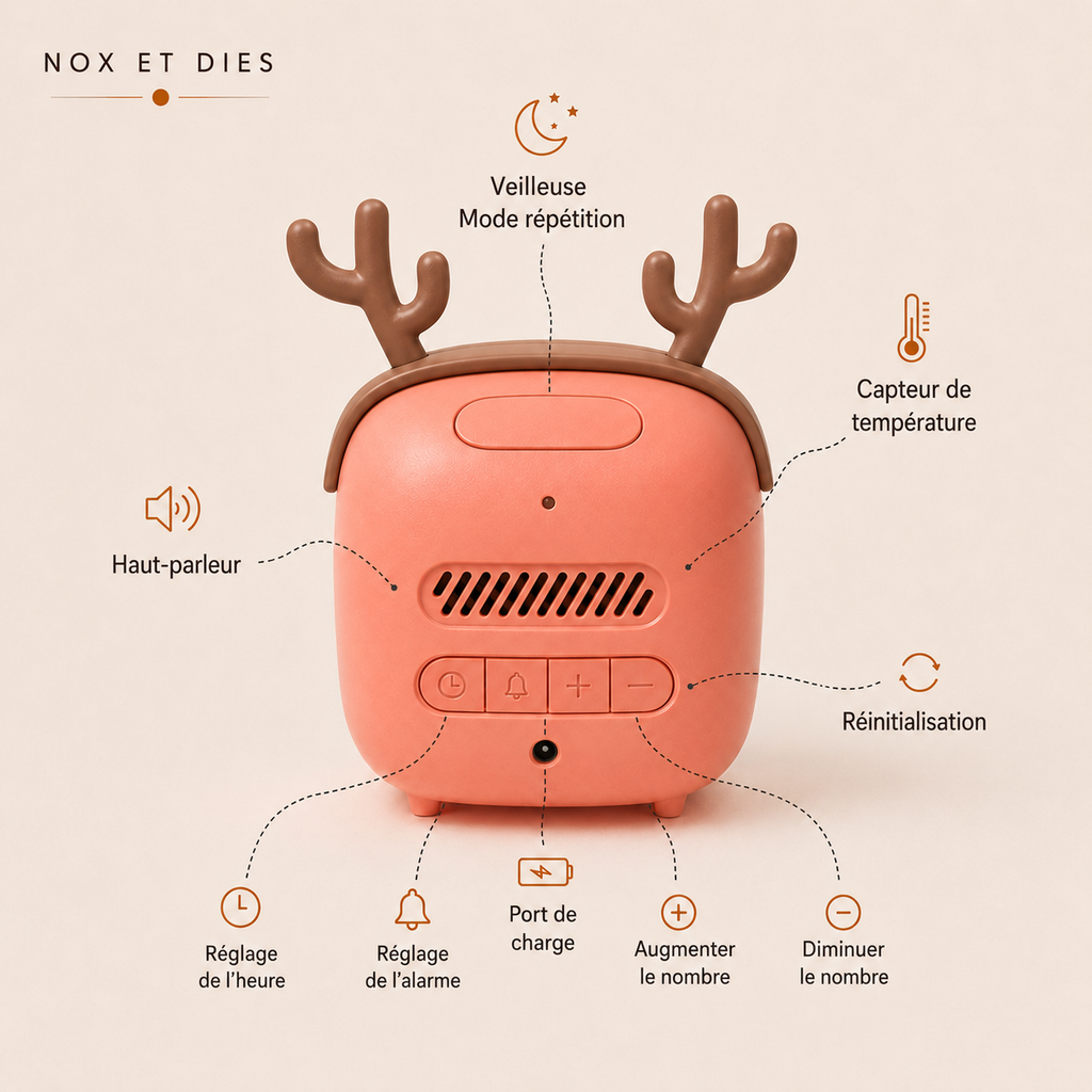 Infographie du réveil veilleuse Caribou Nox et Dies détaillant les boutons arrière : réglage de l'heure, réglage de l'alarme, augmentation et diminution, port de charge, haut-parleur, capteur de température et réinitialisation
