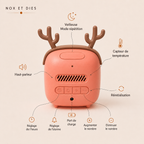 Infographie du réveil veilleuse Caribou Nox et Dies détaillant les boutons arrière : réglage de l'heure, réglage de l'alarme, augmentation et diminution, port de charge, haut-parleur, capteur de température et réinitialisation