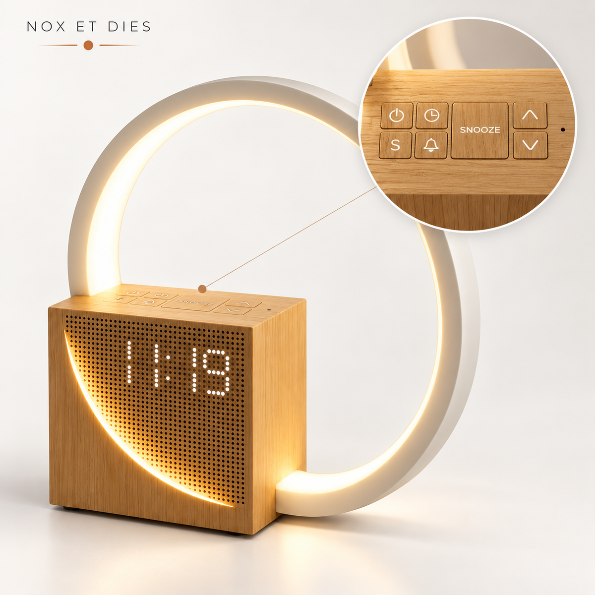 Détail des commandes du réveil lampe Circle Design Nox et Dies : boutons marche, heure, sons, alarme, snooze et flèches de réglage