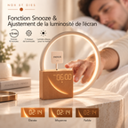 Infographie du réveil lampe Circle Design Nox et Dies illustrant la fonction snooze et les trois niveaux de luminosité de l'affichage