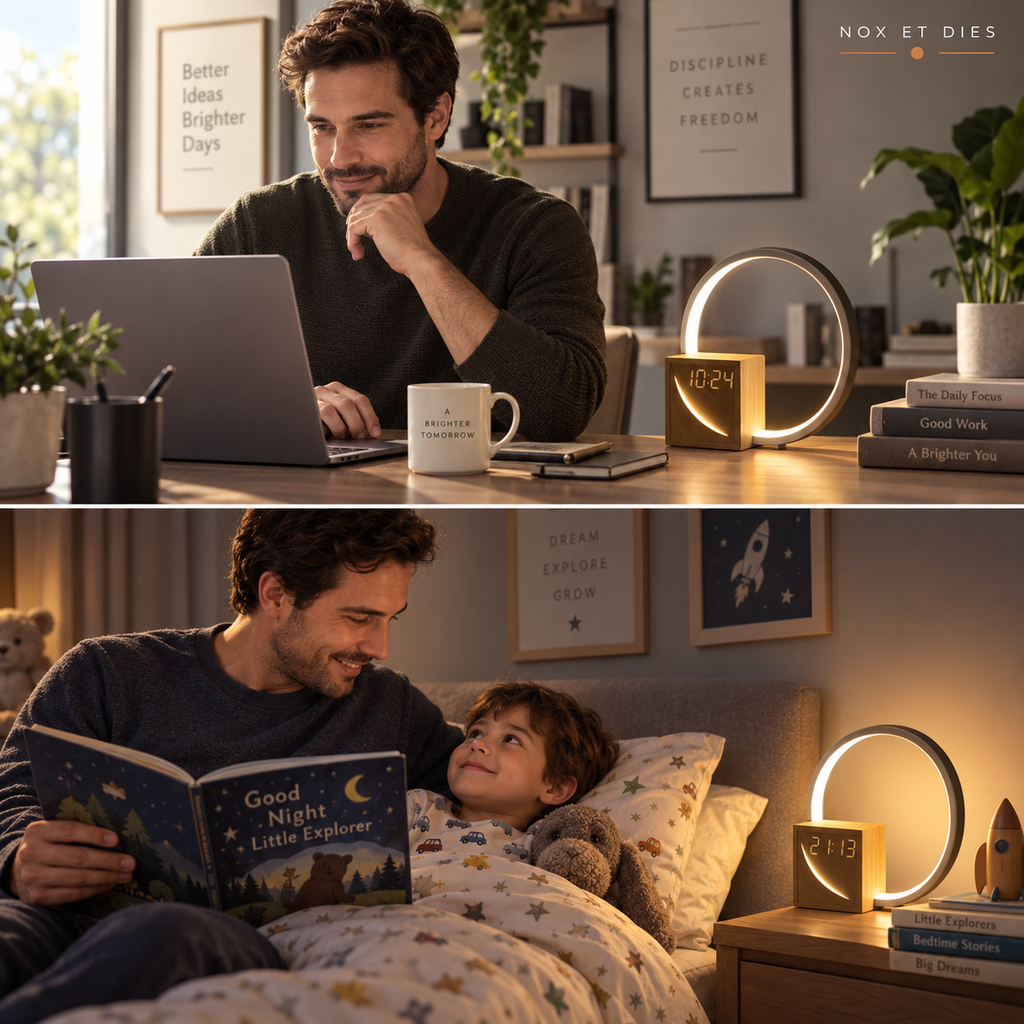 Réveil lampe Circle Design Nox et Dies sur un bureau en journée et sur une table de chevet le soir, anneau lumineux allumé