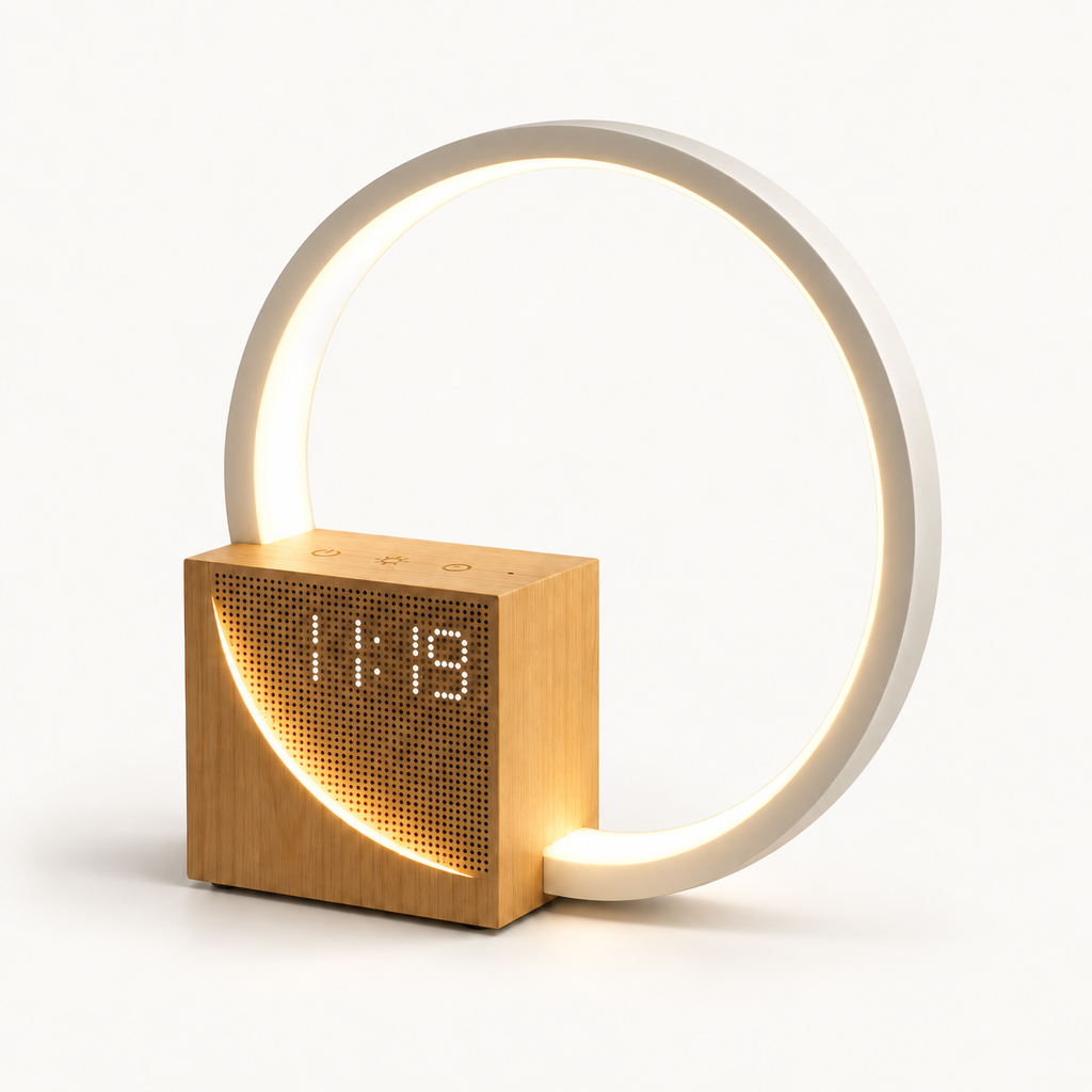 Réveil lampe Circle Design Nox et Dies avec anneau lumineux allumé et boîtier bois affichant l'heure en LED