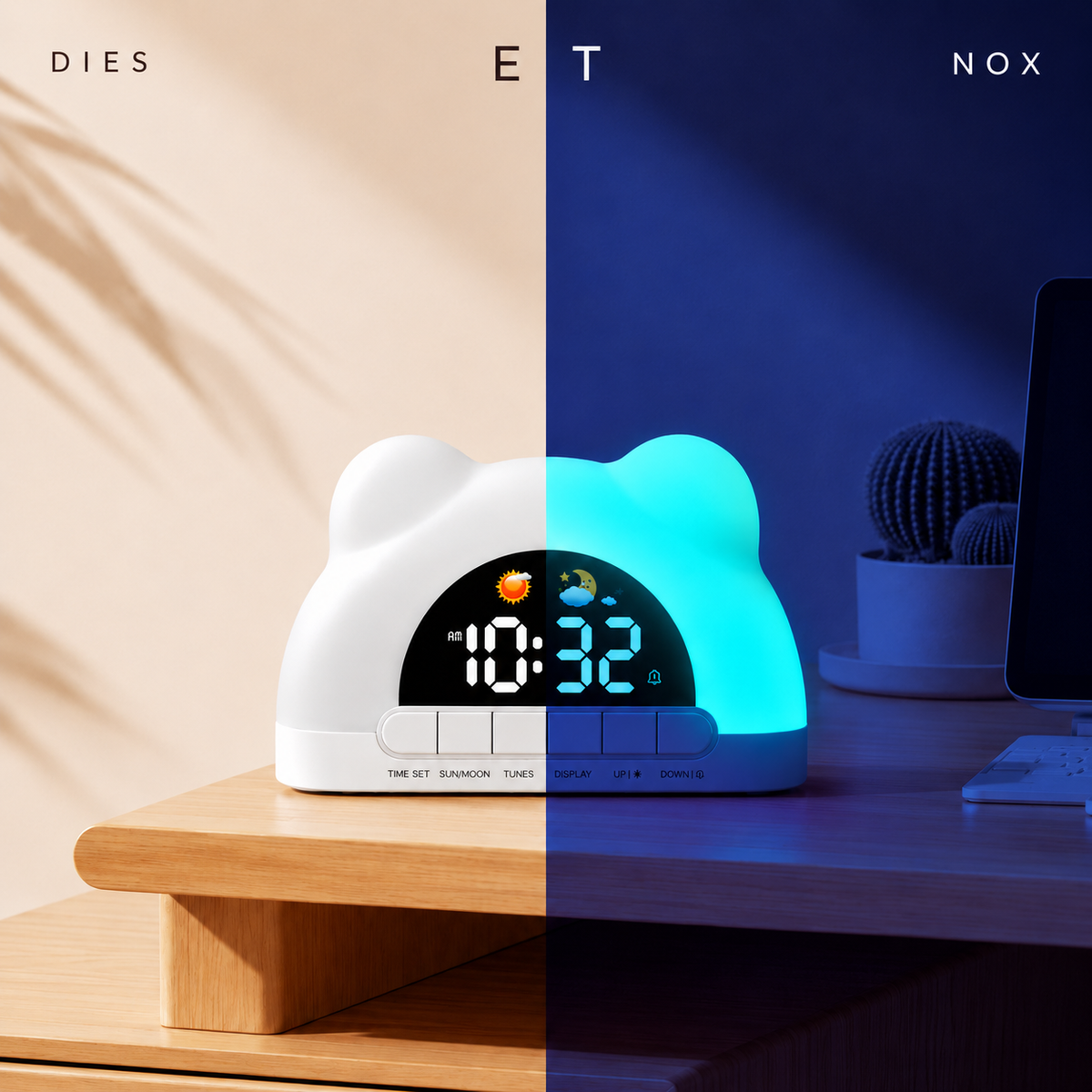 Réveil Cub Nox et Dies en split jour et nuit, coloris blanc apaisant le jour et lumière bleue douce la nuit, écran affichant l'heure