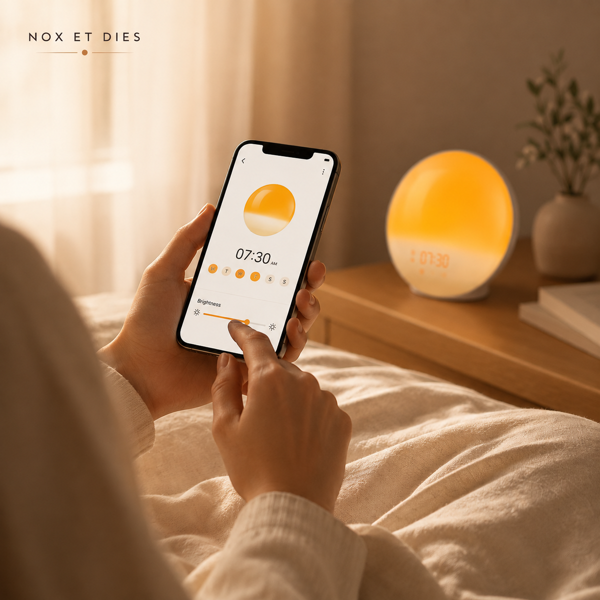Personne réglant l'heure et la luminosité du réveil simulateur d'aube Demi Smart Nox et Dies depuis l'application Halo Light sur smartphone