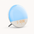 Réveil simulateur d'aube connecté Demi Wifi Nox et Dies en lumière bleue, vue de profil avec icônes d'alarme et de connexion Wi-Fi