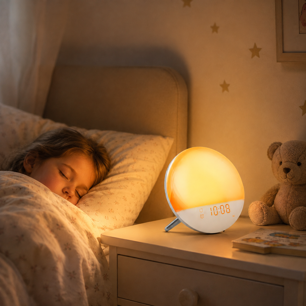 Réveil veilleuse connecté Demi Wifi Nox et Dies allumé le soir sur une table de chevet dans une chambre d'enfant