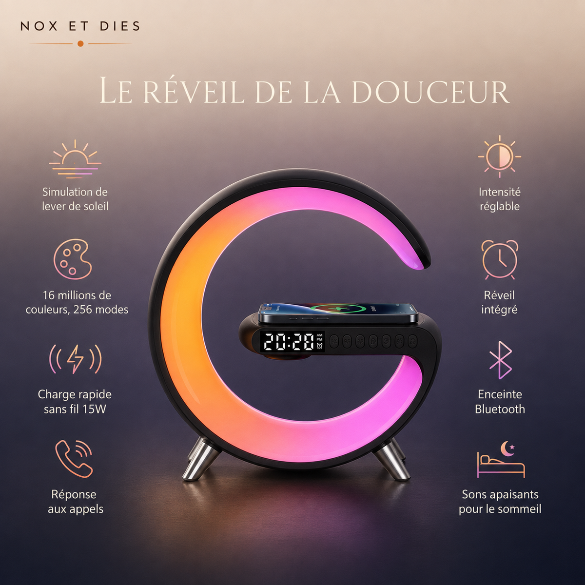 Description | Simulateur d'aube | Veilleuse | Enceinte | Bluetooth | Nox Et Dies