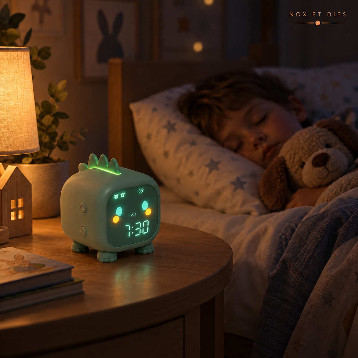 Réveil veilleuse Dino de Nox et Dies allumé la nuit sur une table de chevet, dans la chambre d'un enfant endormi.
