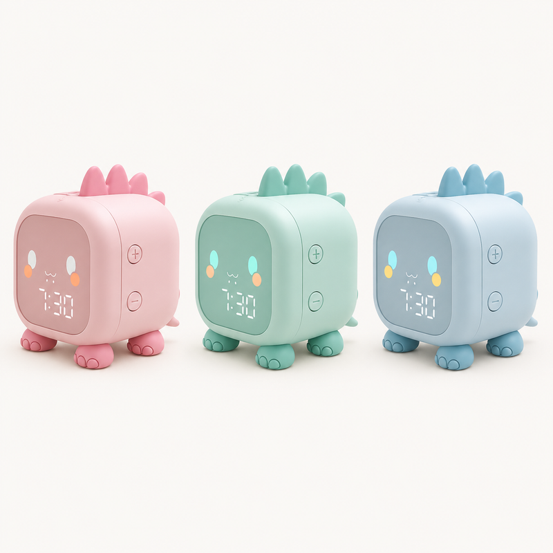 Les trois coloris du réveil veilleuse enfant Dino de Nox et Dies : rose, vert menthe et bleu, présentés côte à côte.