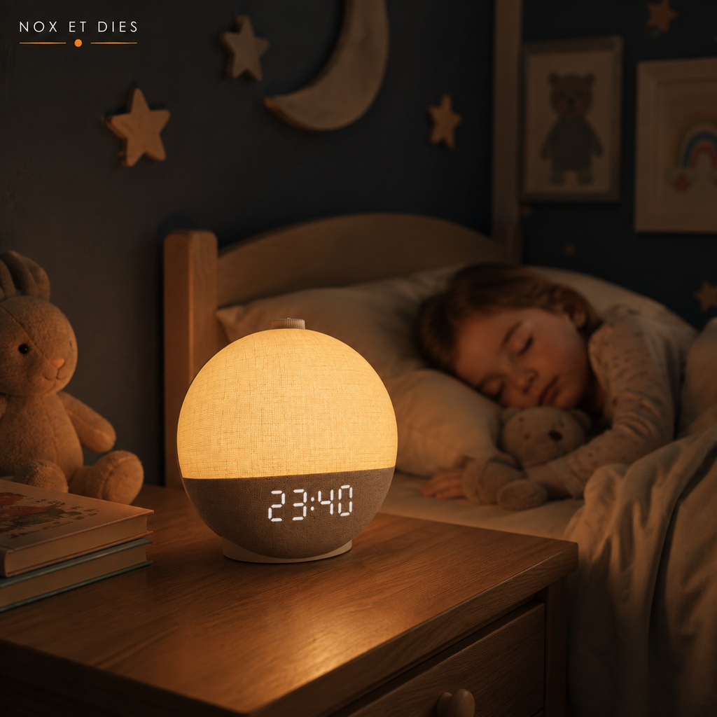 Réveil veilleuse Flat Nox et Dies allumé le soir sur une table de chevet dans une chambre d'enfant