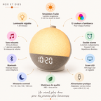 Infographie du réveil lumineux Flat Nox et Dies détaillant toutes les fonctions : simulation d'aube, couleurs d'ambiance, sons relaxants, Bluetooth, minuterie et double alarme