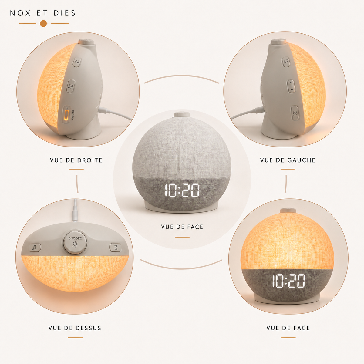 Réveil lumineux Flat Nox et Dies vu sous plusieurs angles, boutons latéraux, molette snooze et port de charge