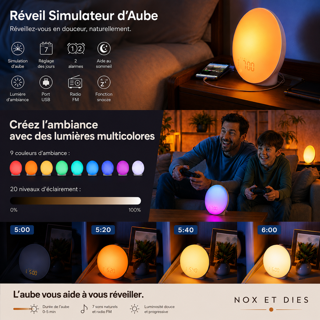Infographie du réveil simulateur d'aube Full Nox et Dies présentant la simulation de lever de soleil, les alarmes doubles, l'aide au sommeil, les lumières d'ambiance multicolores et la progression de luminosité