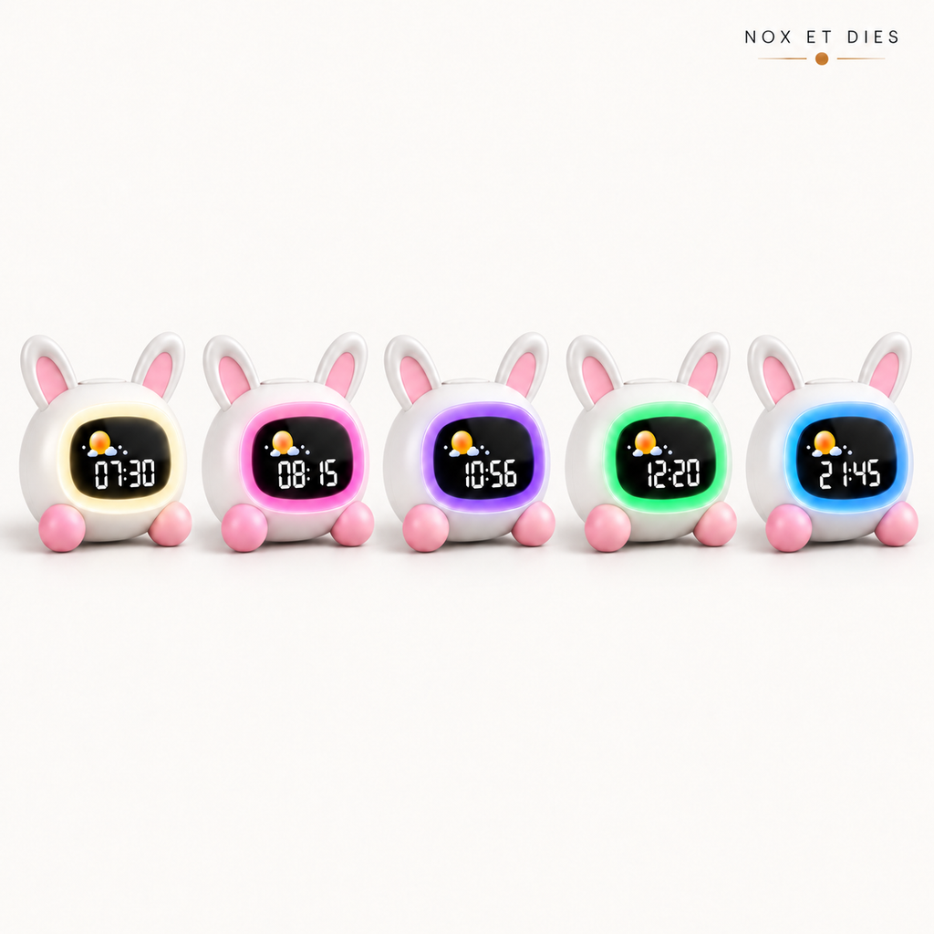 Les cinq couleurs de veilleuse du réveil enfant Glap Nox et Dies alignées côte à côte : blanc chaud, rose, violet, vert et bleu