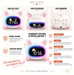 Infographie du réveil veilleuse enfant Glap Nox et Dies détaillant la double alarme, la fonction snooze et le rôle des touches heure, jour nuit, sons et lumière