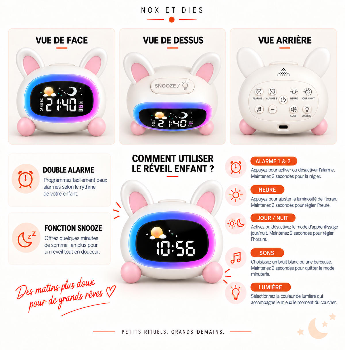 Infographie du réveil veilleuse enfant Glap Nox et Dies détaillant la double alarme, la fonction snooze et le rôle des touches heure, jour nuit, sons et lumière