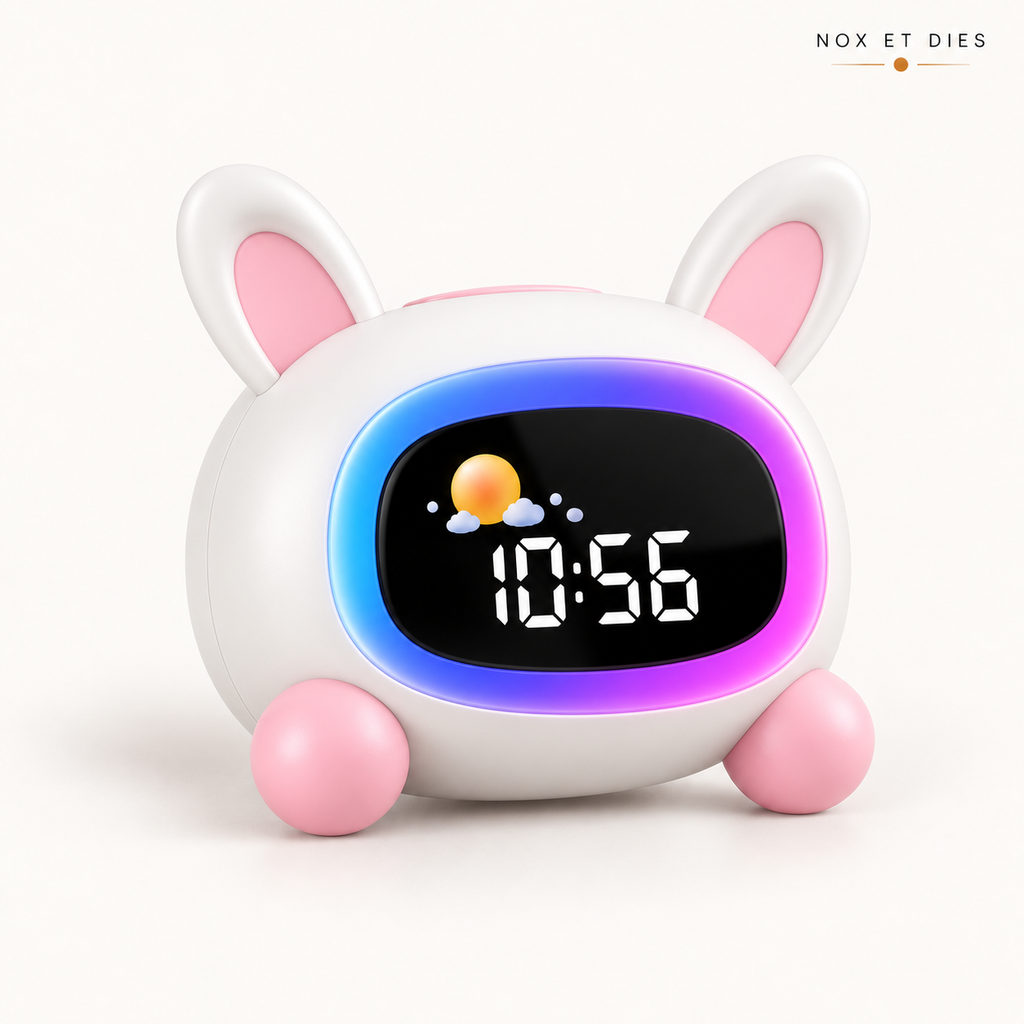 Réveil veilleuse enfant Glap Nox et Dies en forme de lapin blanc et rose, halo lumineux bleu et violet allumé et écran LED affichant l'heure