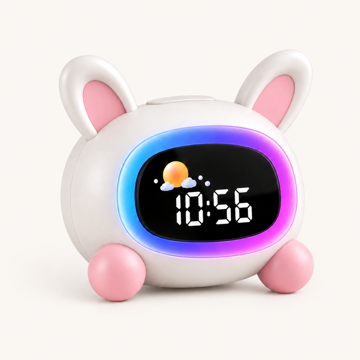 Réveil veilleuse enfant Glap Nox et Dies vu de trois-quarts, oreilles de lapin et pattes roses, halo lumineux allumé autour de l'écran LED