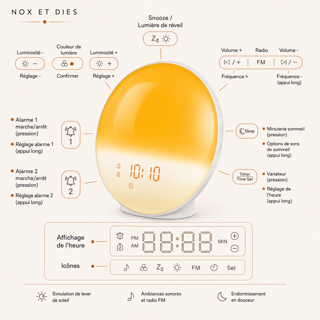 Infographie des fonctionnalités et boutons du réveil simulateur d'aube Demi Nox et Dies : alarmes, snooze, radio FM, minuterie sommeil, réglage luminosité et couleur