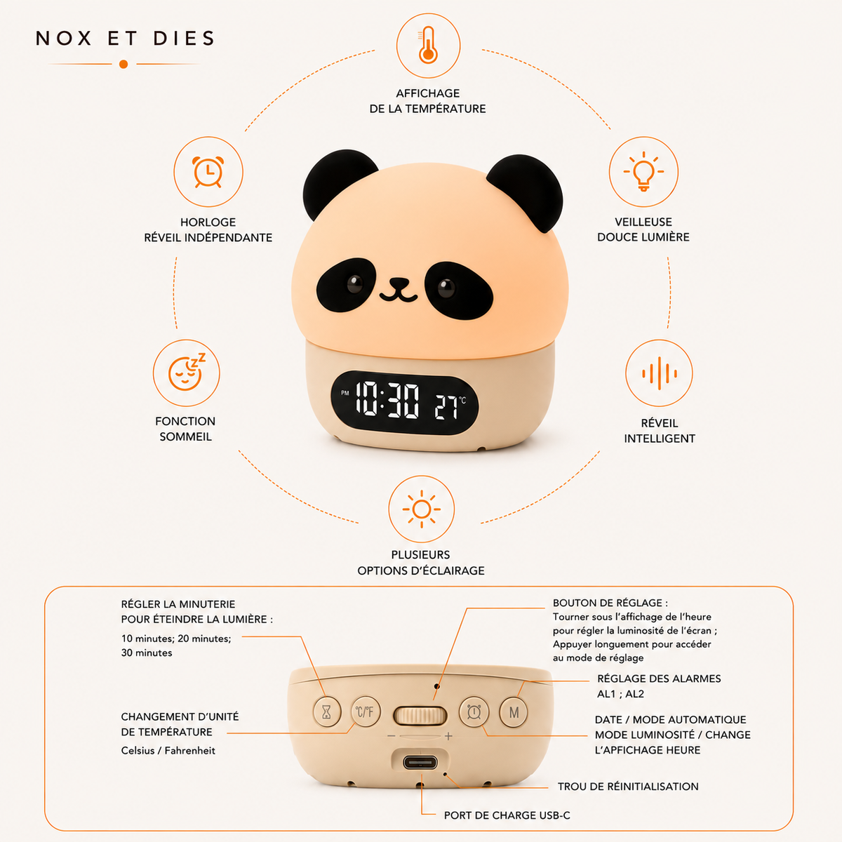 Infographie des fonctionnalités et boutons de réglage de la veilleuse réveil Pandino Nox et Dies : affichage température, veilleuse douce lumière, réveil intelligent, options d'éclairage, fonction sommeil, horloge réveil indépendante