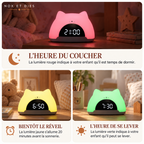 Séquence jour/nuit du réveil veilleuse enfant Kitty de Nox et Dies : lumière rouge à l'heure du coucher, jaune avant la sonnerie, verte à l'heure du réveil.